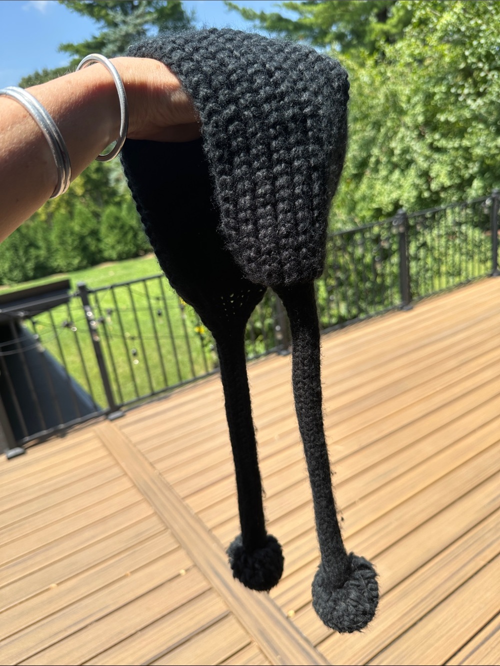 Black Knit Earflap Pom Pom Hat